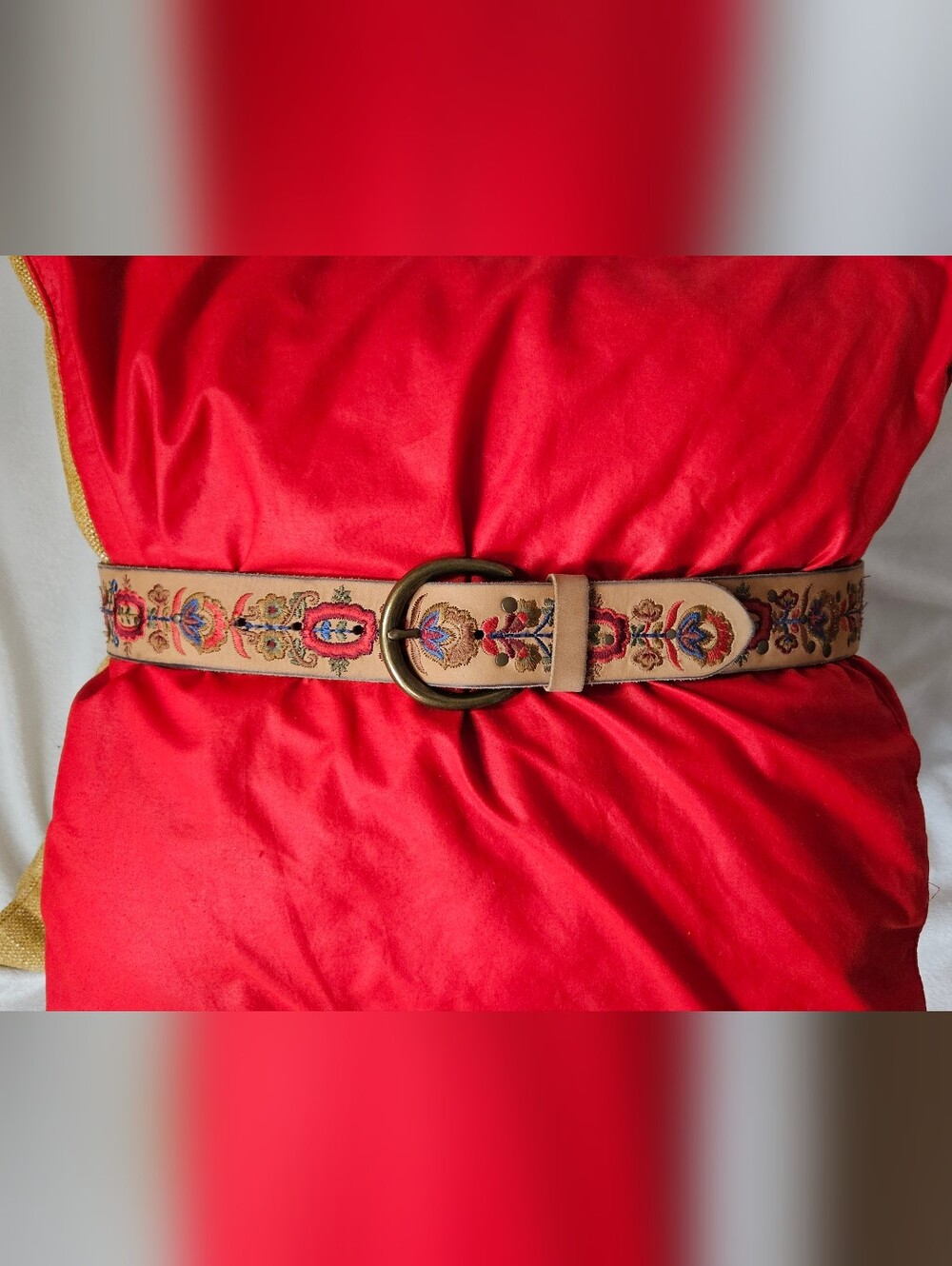 Lucky Brand Tan Leather Embroidered Belt w/Vibrant Multicolor Floral -Size Large